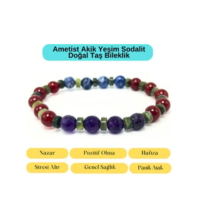 Sertifikalı Ametist Akik Yeşim Sodalit Doğal Taş Misinalı Bileklik 8mm