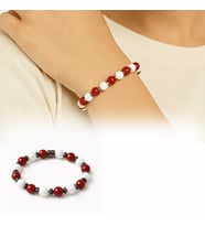 Küre Kesim Kırmızı Beyaz Jade Akik Hematit Doğaltaş Kadın Taraftar Bileklik M2