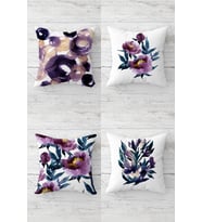 Batik Suluboya Desenli Çiçekli Gizli Fermuarlı Kırlent Kılıfı Koltuk Yastık Kılıfı Takım(4adet) (Mor-Beyaz)