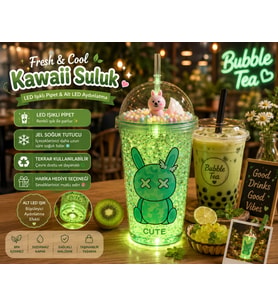 LED Işıklı Pipetli Kawaii Chibi Sevimli Tavşan Figürlü Çift Katlı İçecek Bardağı Suluk 450 ML Yeşil