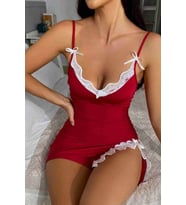 Bacak Yırtmaçlı Dantel İşlemeli Gecelik Babydoll iç giyim Kırmızı