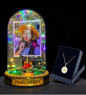 Kişiye Özel Renkli Led Işıklı Fanus ve Tasarım Kolye Hediye Seti (Model 6)