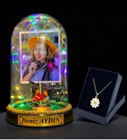 Kişiye Özel Renkli Led Işıklı Fanus ve Tasarım Kolye Hediye Seti (Model 6)