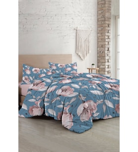 Çift Kişilik ( Lastikli Çarşaflı ) %100 Pamuk Saten Nevresim Takımı Blue Rose