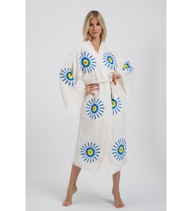 Müslin Kimono %100 Pamuklu Nazar Boncuk Baskılı Desenli Bornoz Kaftan Sabahlık (Ekru)