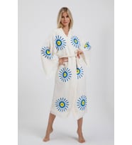 Müslin Kimono %100 Pamuklu Nazar Boncuk Baskılı Desenli Bornoz Kaftan Sabahlık (Ekru)