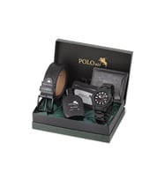 Polo Air Mercek Takvimli Erkek Kol Saati Kemer Cüzdan Kartlık Parfüm Seti Siyah Renk PL-7075E1