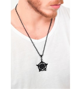 Erkek Siyah Oksit Kaplama Kurukafa&Pentagram Simge Uçlu Kolye