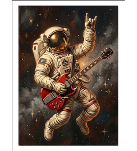 Uzayda Gitar Çalan Astronot Rock Dekoratif Kanvas - Mdf Ahşap Tablo