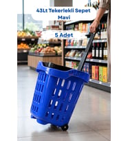 5 Adet - 43 LT Tekerlekli Market Sepeti Plastik Alışveriş Sepeti Ergonomik Çift Saplı Mavi