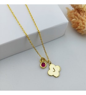 Kadın 925 Ayar Gümüş Kırmızı Taşlı Harfli Yonca Kolye (Gold)