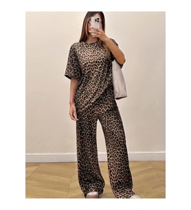 Kadın Kısa Kollu Bisiklet Yaka Iki Iplik Leopar Desenli Bluz Ve Pantolon Ikili Takım