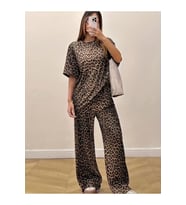 Kadın Kısa Kollu Bisiklet Yaka Iki Iplik Leopar Desenli Bluz Ve Pantolon Ikili Takım