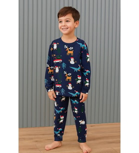 Cg Kids Noel Yılbaşı Temalı %100 Pamuk Unisex Çocuk Pijama Takımı Lacivert Geyik