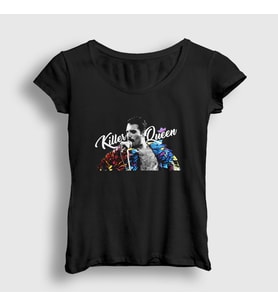 Presmono Kadın Siyah Killer Queen Freddie Mercury T-Shirt 34411tt