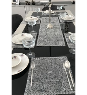 Fransız Dantelli Runner ve Supla Takımı (1 Runner, 6 Supla) - Gri
