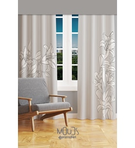 Beyaz Çiçekler Desenli Süet Oturma Odası Salon Fon Perde Baskılı Ekstrafor Büzgü 2 Kanat PRD-1052
