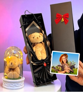 Size Özel Fotoğraflı Kutuda Kahve Peluş Ayıcık ve Led Işık (Model 6)