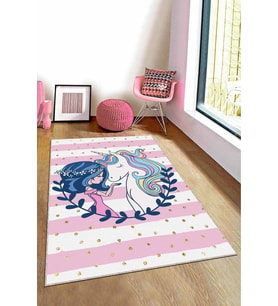 Pembe Kaymaz Tabanlı Unicorn Prensesli Çocuk Halısı AR782