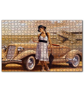 Cakapuzzle Antika Araba Uçak ve Beyaz Elbiseli Kadın Puzzle Yapboz MDF (Ahşap) (120 Parça)