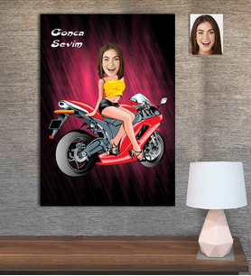 Kişiye Özel Karikatür Baskılı Ahşap Motorcu Kadın-2 30x40