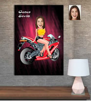 Kişiye Özel Karikatür Baskılı Ahşap Motorcu Kadın-2 30x40