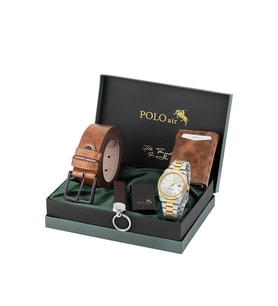 Polo Air Mercek Takvimli Erkek Kol Saati, Mıknatıslı Otomatik Mekanizmalı Cüzdan, Kemer, Kartlık, Anahtarlık Ve Çakmak Taba Set Gümüş Gold Renk PL-7098E6