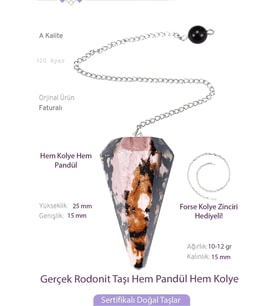 Sertifikalı Rodonit Taşı Pandül Sarkaç Hem Pandül - Hem Kolye (Çok Renkli)