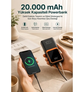 20.000 Mah Taşınabilir Şarj Cihazı Dijital Göstergeli Kablolu Powerbank