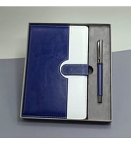 Mavi Beyaz Deri Kapaklı Defter Ve Metal Kalem Set