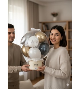İSME ÖZEL YENİDOĞAN / DOĞUM GÜNÜ HEDİYESİ BALON KUTUSU (Rose Gold Altın)