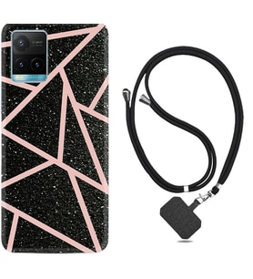 Vivo Y11S Y21S Y20 Y20S Y70 Kılıf Boyun Askılı Silikon Pembe Şeritli Mermer 1312