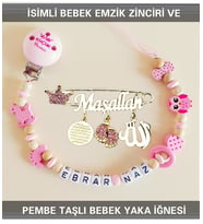 Sahi Aksesuar İsimli Bebek Emzik Zinciri ve Pembe Taşlı Bebek Yaka İğnesi BEZYI005