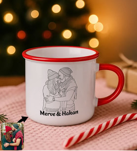 BK Gift Kişiye Özel İsimli Line Art Çizimli Kırmızı Emaye Kupa Bardak -1, Arkadaşa Hediye, Sevgiliye Hediye