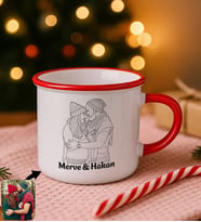 BK Gift Kişiye Özel İsimli Line Art Çizimli Kırmızı Emaye Kupa Bardak -1, Arkadaşa Hediye, Sevgiliye Hediye