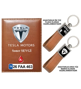 Plakanıza Özel Tesla Logolu Taba Ruhsat Kabı ve Anahtarlık
