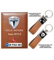 Plakanıza Özel Tesla Logolu Taba Ruhsat Kabı ve Anahtarlık