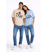King Queen Sevgili Kombini Çift Tişört Matching Couple Oversize Unisex Partner Kombin Seti (Bej)