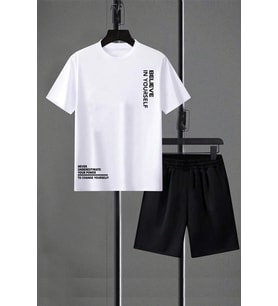 Unisex Believe Detay Baskılı Şort Takım (Beyaz)