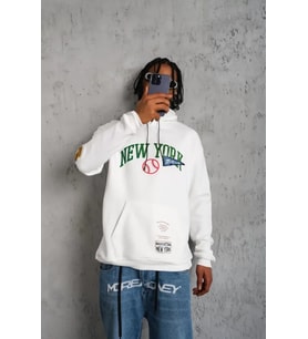 Erkek Baskılı Kapüşonlu Sweatshirt - Beyaz