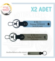 Motosiklet Aşıkları İçin, İsim Plaka ve B Rh (-) Kan Grubu Yazılı x2 Anahtarlık Set, Kül Gri-Mavi-Gr