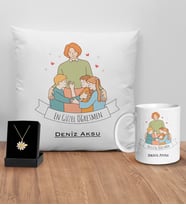 BK Gift Kişiye Özel Öğretmenler Günü Tasarımlı Beyaz Kupa Yastık ve İsimli Papatya Kolye Hediye Seti- 7, Öğretmene Hediye, Öğretmenler Günü