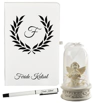 Kişiye Özel Hediye Beyaz Defter ve Işıklı Melek Fanus Hediye Seti