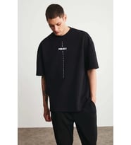 Erkek Baskılı T-Shirt Kısa Kol Bisiklet Yaka Regular Fit Rahat Kalıp Tişört - Siyah