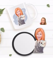 BK Gift Kişiye Özel Kadın Karikatürlü Beyaz Kupa ve Ahşap Bardak Altlığı Hediye Seti-104