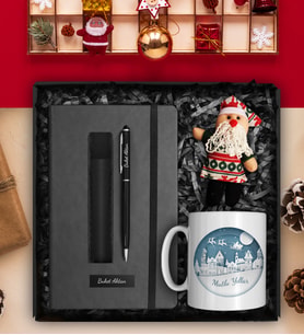 10 Adet Yılbaşına Özel Defter & Deri Kılıflı Touch Pen Kalem & Özel Tasarım Kupa & Peluş Anahtarlık Hediye Seti (Mavi)