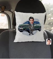 BK Gift Kişiye Özel Plakalı Erkek Peugeot 3008 Karikatürlü Kare Araç Koltuk Yastığı-1