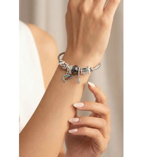 Gökkuşağı ve Sanat Temalı Charm Detaylı Silver Antrasit Bijuteri Kelepçe Bileklik