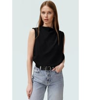 Şık Bisiklet Yaka Kolsuz Bluz %100 Polyester Yazlık Günlük Zarifane Tasarım Görünüm (Siyah)