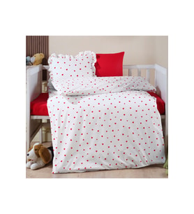 Lüks Ranforce Kumaşından Fırfırlı Kırmızı Kalpli Bebek Nevresim Takımı 100X150